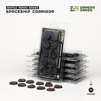 Gamers Grass packaging and ten painted 25mm Spaceship Corridor bases displayed on white background