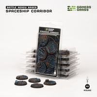 Gamers Grass packaging and five painted 40mm Spaceship Corridor bases displayed on white background