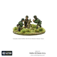 Miniatures of heavy weapons from the Bolt Action German Waffen SS Starter Army, including mortar team.