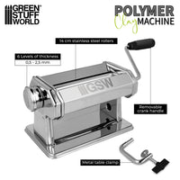 Green Stuff World Polymer Clay Machine features: 14cm steel rollers, 6 thickness levels 0.5-2.5mm, removable crank, metal clamp