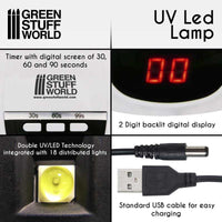GSW UV LED Lamp feature layout showing timer buttons, display and USB cable