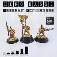 Hero Bases Step, Rise, and Ascend – display extenders for tabletop miniatures and heroes.