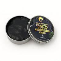 Elastic masking putty tin open at top view – HHP-1001 camouflage masking putty in a silver container with clear branding – product shot