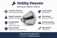 Genuine Iwata 0.35mm nozzle cap for Neo CN shown with product features and usage benefits at Hobby Heaven