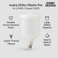 Iwata 250cc paint pot for LPH80 and Eclipse G3/G5 – infographic highlighting solvent resistance, 250ml capacity and quick thread mount