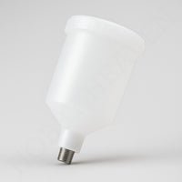 Iwata 250cc paint cup for spray guns – side angle view showing translucent body and threaded connector