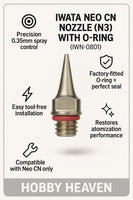 Iwata Neo CN Nozzle 0.35mm with O-ring part IWN-0801 shown with features and benefits by Hobby Heaven