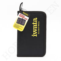 Front view of the Iwata Zipper Case IWCL-500-EMPTY with yellow branding and product tag attached.