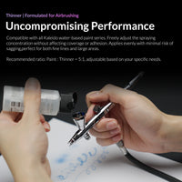 Kaleido KT201 thinner being added to airbrush cup showing recommended 5 to 1 paint to thinner ratio in use