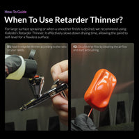 Step by step guide showing when and how to use Kaleido retarder thinner with airbrush for large surfaces and smooth finishes