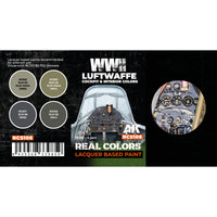 Color swatches of the four Luftwaffe interior paints included in the RCS106 set: two variants each of RLM 02 and RLM 66 from 1938 and 1941, with detailed labels