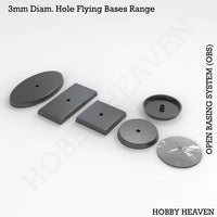 OBS flying bases with 3mm holes - Isometric view of various shapes for wargaming miniatures, compatible with standard flying stems
