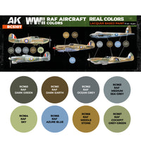 Color swatches of the nine RAF WWII paints included in the set: Dark Green, Dark Earth, Ocean Grey, Medium Sea Grey, Sky, Azure Blue, Middle Stone, and Cockpit Grey-Green, with corresponding labels
