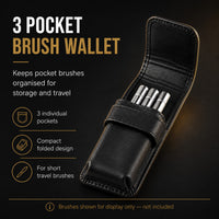 Rosemary & Co 3 pocket brush wallet infographic showing individual pockets, compact folded design and use with short travel brushes