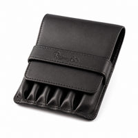 Closed Rosemary & Co black leather 6 pocket travel brush wallet with embossed logo, fold-over flap and tuck strap