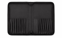 Open Rosemary & Co black nylon brush case with 18 brush pockets and two large storage pockets for artists brushes and accessories