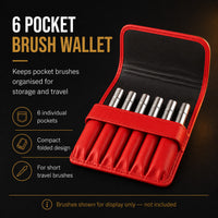 Rosemary & Co red 6 pocket brush wallet infographic showing individual pockets, compact folded design and use with short travel brushes