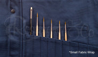 Open Rosemary & Co small navy fabric brush wrap showing individual pouches with short-handle artist brushes