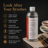 Rosemary & Co brush cleaner benefits: removes paint residue, maintains brush shape, for natural and synthetic brushes