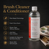 Rosemary & Co brush cleaner features: plant-based, fresh citrus scent, rinses clean without residue, works on oil and acrylic