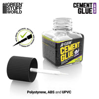 Open 40ml Slow Cement Glue for plastics showing fine brush applicator.