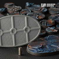 Close-up of 90mm oval Spaceship Corridor base showing comprehensive magnet system and structural support