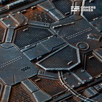 Extreme close-up of 120mm oval Spaceship Corridor base showing intricate engineering bay and mechanical details