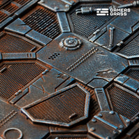 Extreme close-up of 170mm oval Spaceship Corridor base showing intricate engineering details and mechanical elements