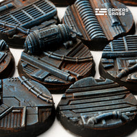 Extreme close-up of 25mm Spaceship Corridor base showing detailed deck plating and industrial elements