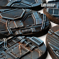 Extreme close-up of 60mm oval Spaceship Corridor base showing detailed mechanical floor patterns