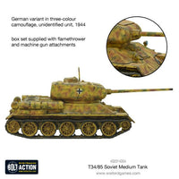 Fully assembled T-34/85 medium tank miniature, ready for tabletop battles