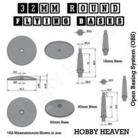 Technical diagram showing precise measurements of 32mm clear bases and 15mm/20mm flying stems with total heights of 22.5mm and 27.5mm