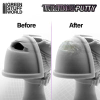 UV Putty filling gaps on miniature surface before and after curing