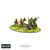 Miniatures of heavy weapons from the Bolt Action US Army Starter Army, including machine guns and anti-tank guns.