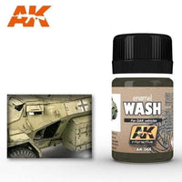 Applying AK066 Africa Korps Wash to a desert vehicle model, enhancing details and shadows on DAK tanks.