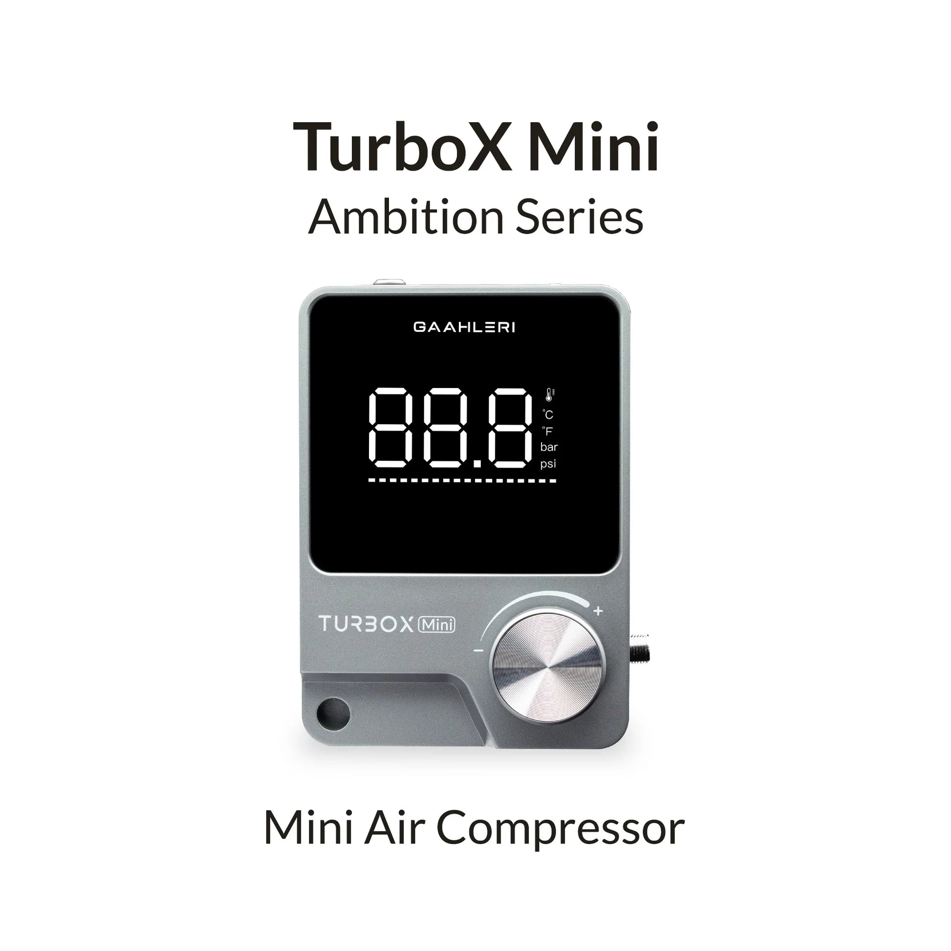 Gaahleri TurboX Mini Ambition Series compact airbrush compressor front view with digital display and rotary dial