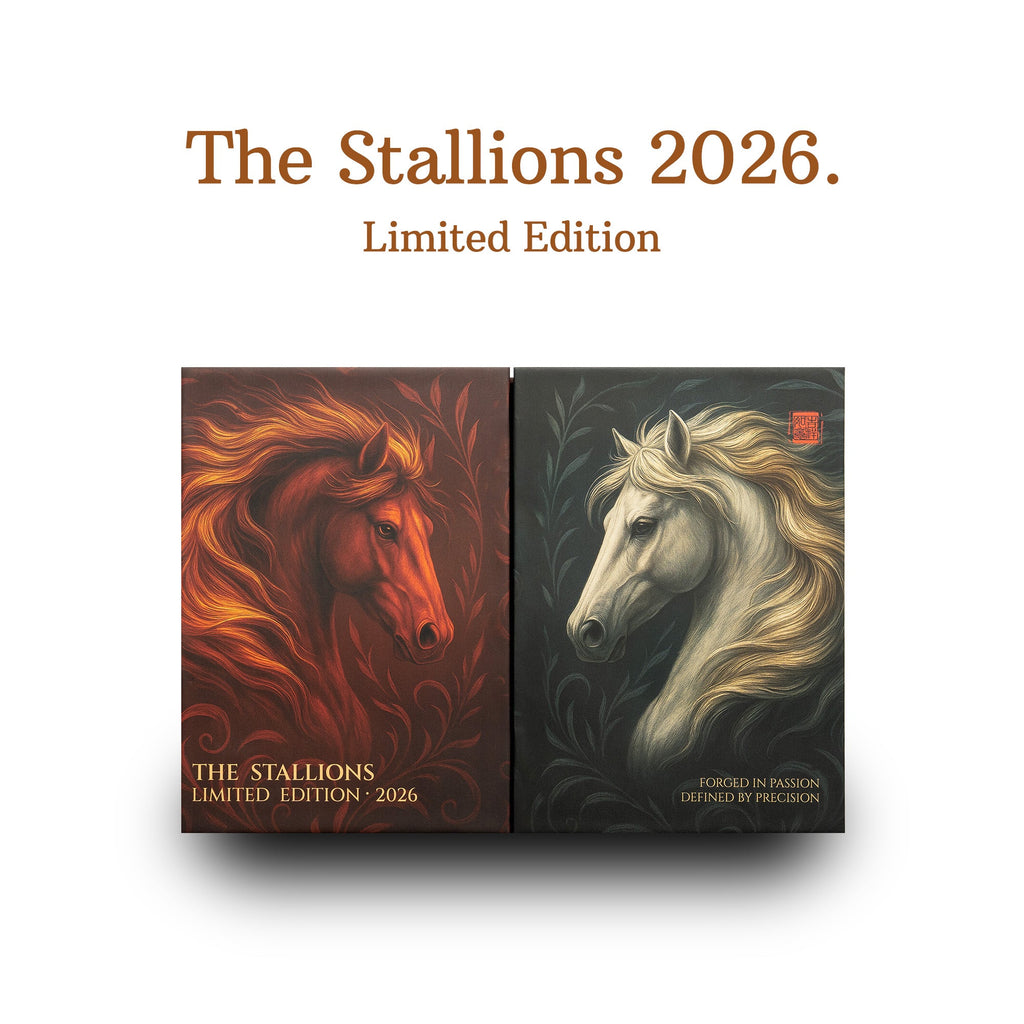The Stallions 2026 Limited Edition box front: red horse and white horse artwork on two panels, on white