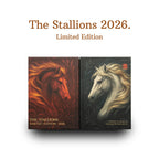 The Stallions 2026 Limited Edition box front: red horse and white horse artwork on two panels, on white