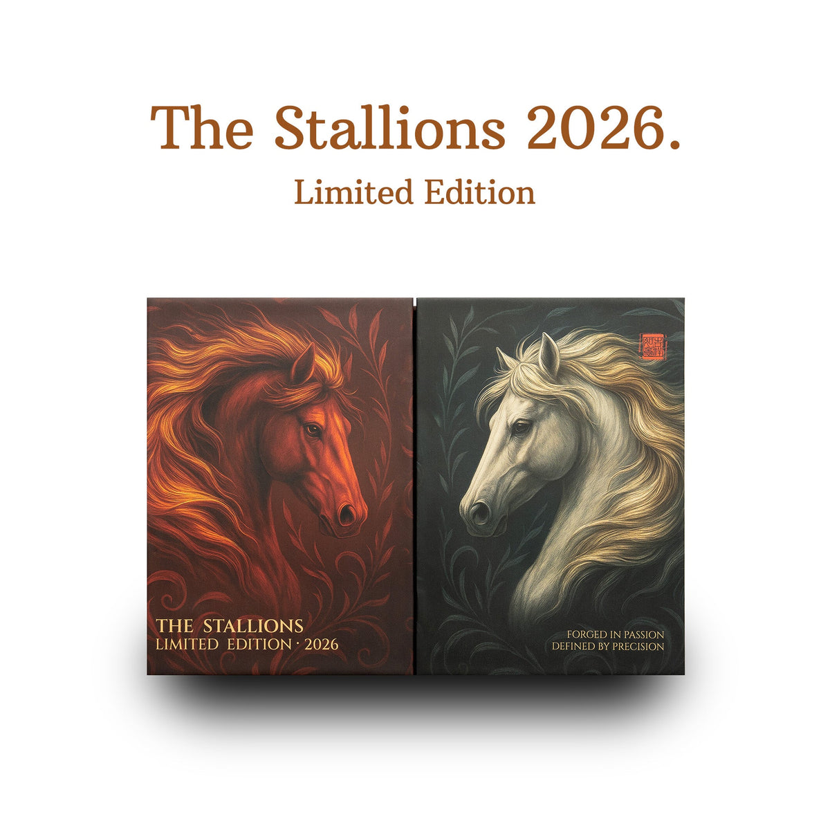 The Stallions 2026 Limited Edition box front: red horse and white horse artwork on two panels, on white