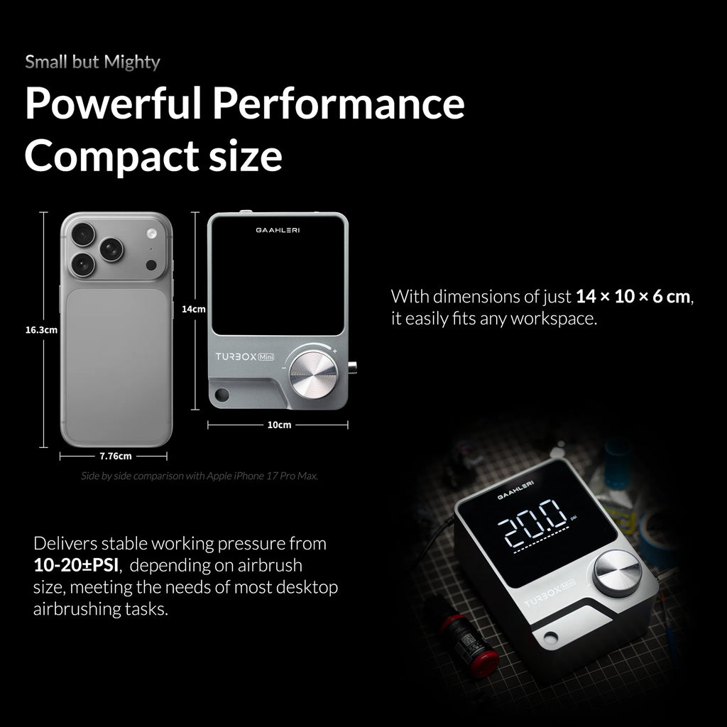 Gaahleri TurboX Mini size comparison next to smartphone showing 14 by 10 cm dimensions and compressor in use on hobby desk at 20 PSI