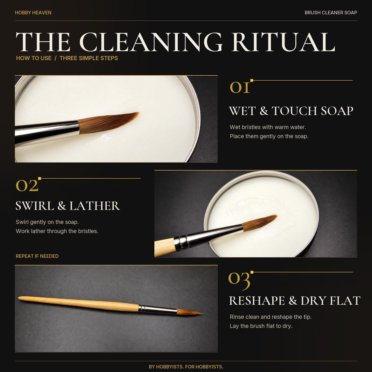 Graphic: how to use; wet brush touches the soap, swirls into a lather, then is reshaped and laid flat to dry