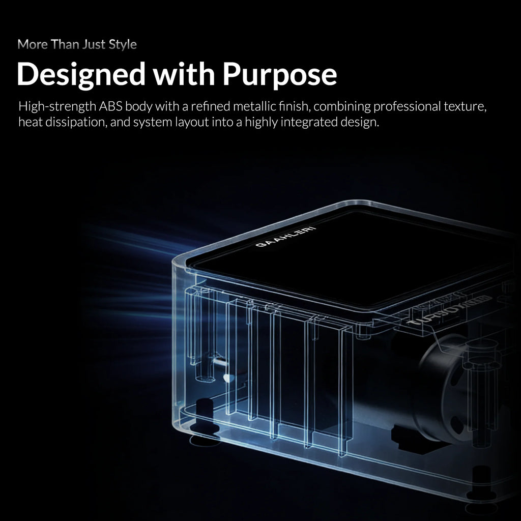 Gaahleri TurboX Mini transparent cutaway view showing internal layout and high-strength ABS body with heat dissipation design