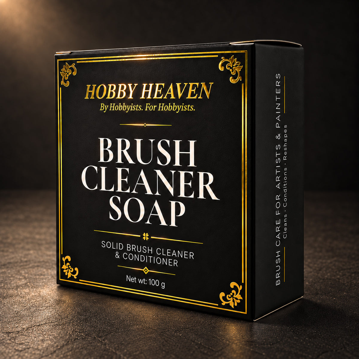 Brush Cleaner Soap box, side panel reading brush care for artists and painters; cleans, conditions, reshapes