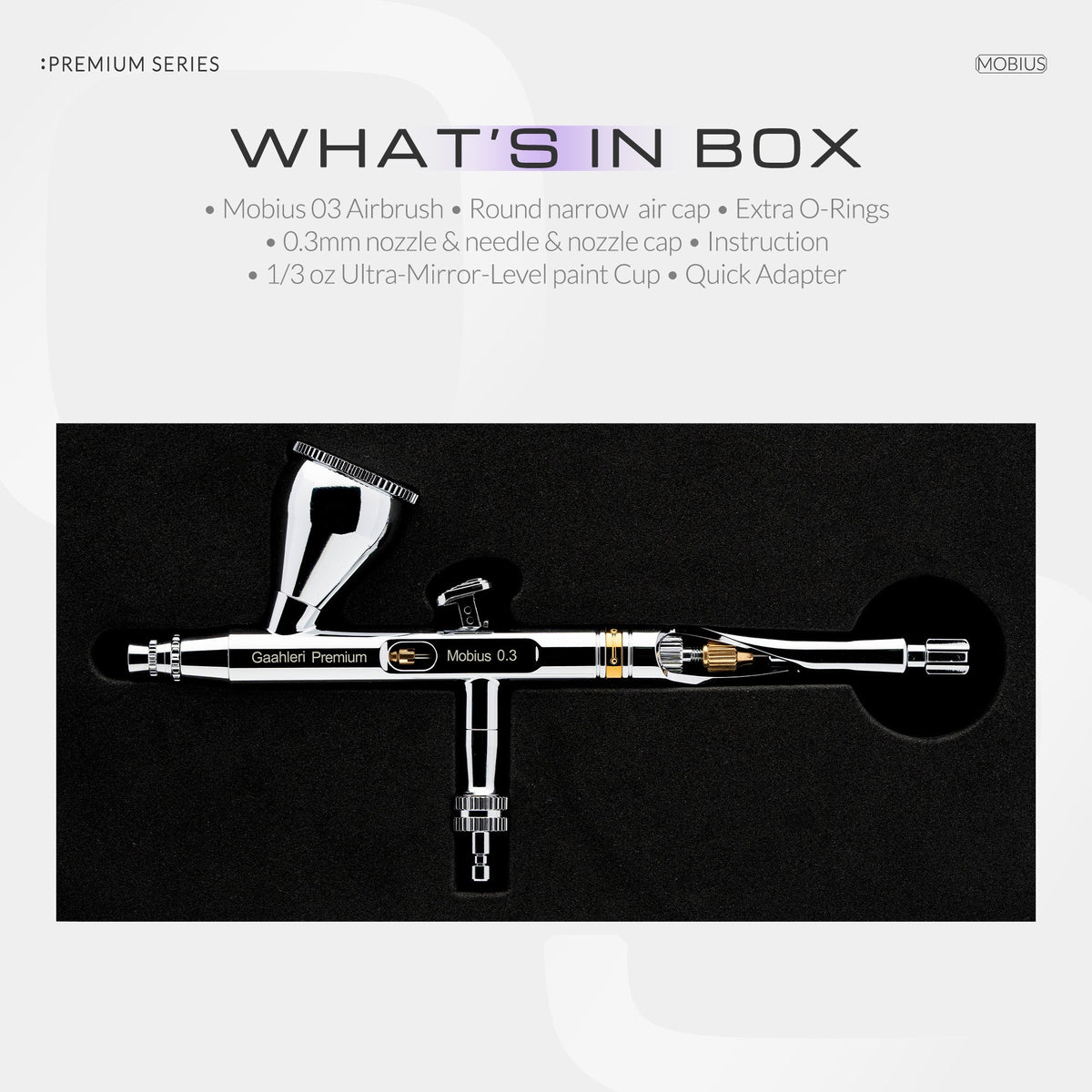 Graphic: what's in the box for the Mobius 0.3mm, airbrush in its foam tray with the parts listed above
