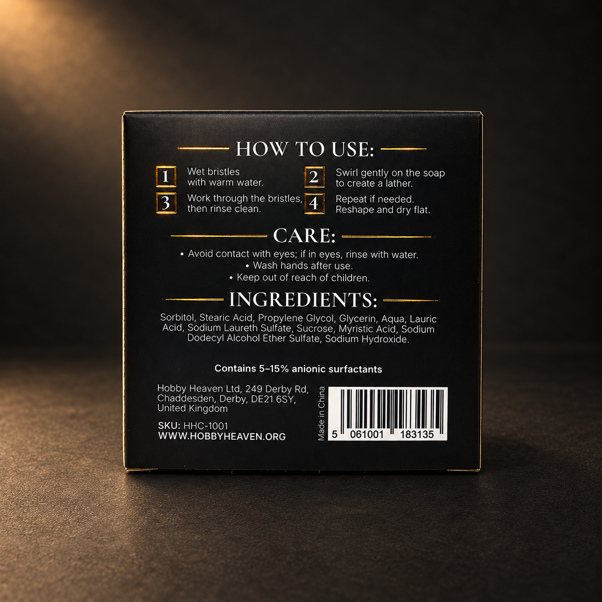 Back of the box: how to use, care warnings, full ingredient list, 5-15% anionic surfactants, made in China