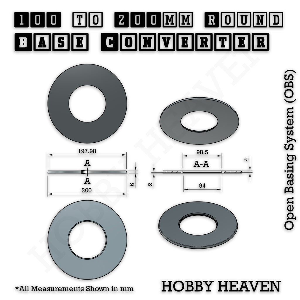 Technical drawing of the 100 to 200 mm round base converter: 200 mm outer diameter, 6 mm tall.