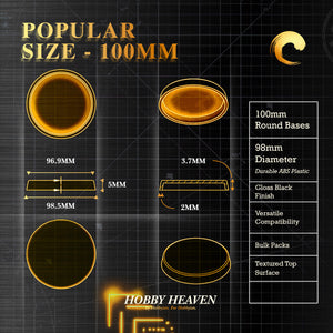 Technical drawing of 100mm round base: top/side views, dimensions, surface texture details, edge profile for miniature wargaming