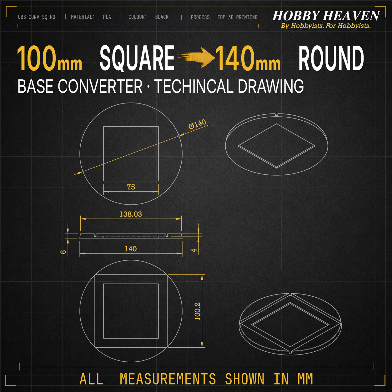 Square to Round Base Converters 3D Print Full Range
