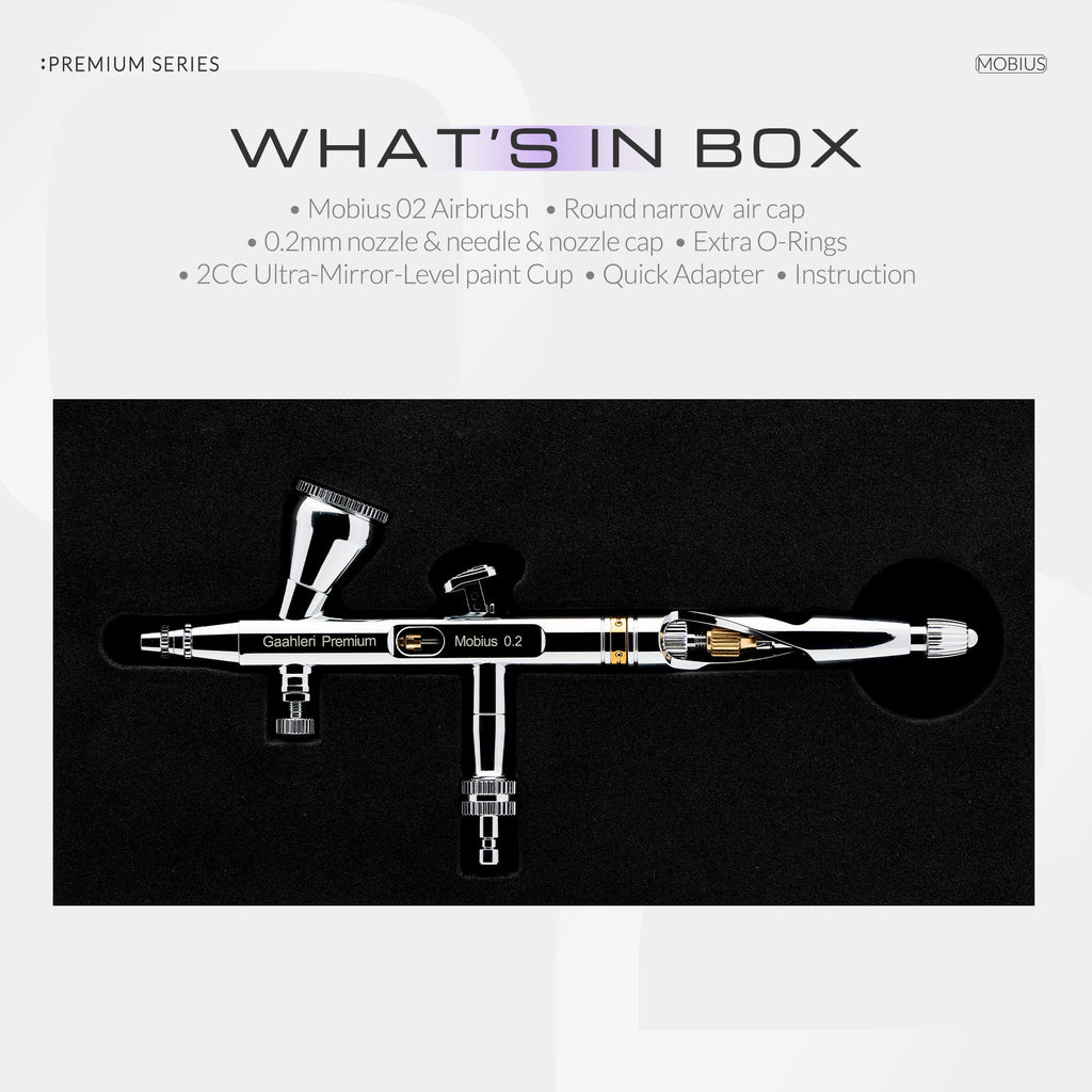 Graphic: what's in the box for the Mobius 0.2mm, airbrush in its foam tray with the parts listed above
