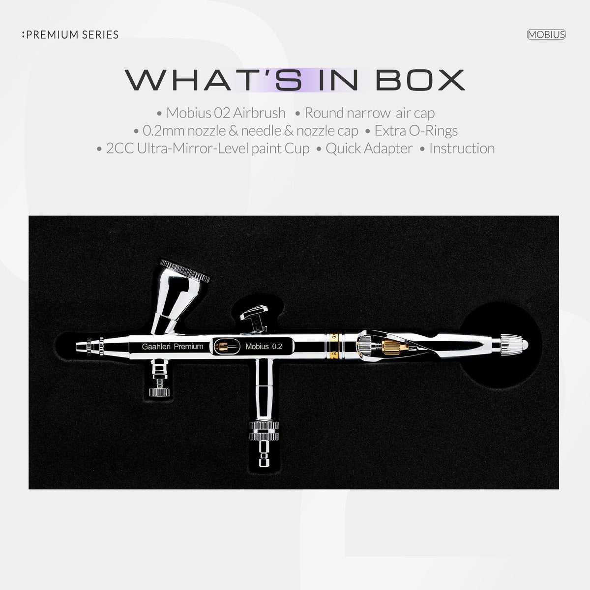 Graphic: what's in the box for the Mobius 0.2mm, airbrush in its foam tray with the parts listed above
